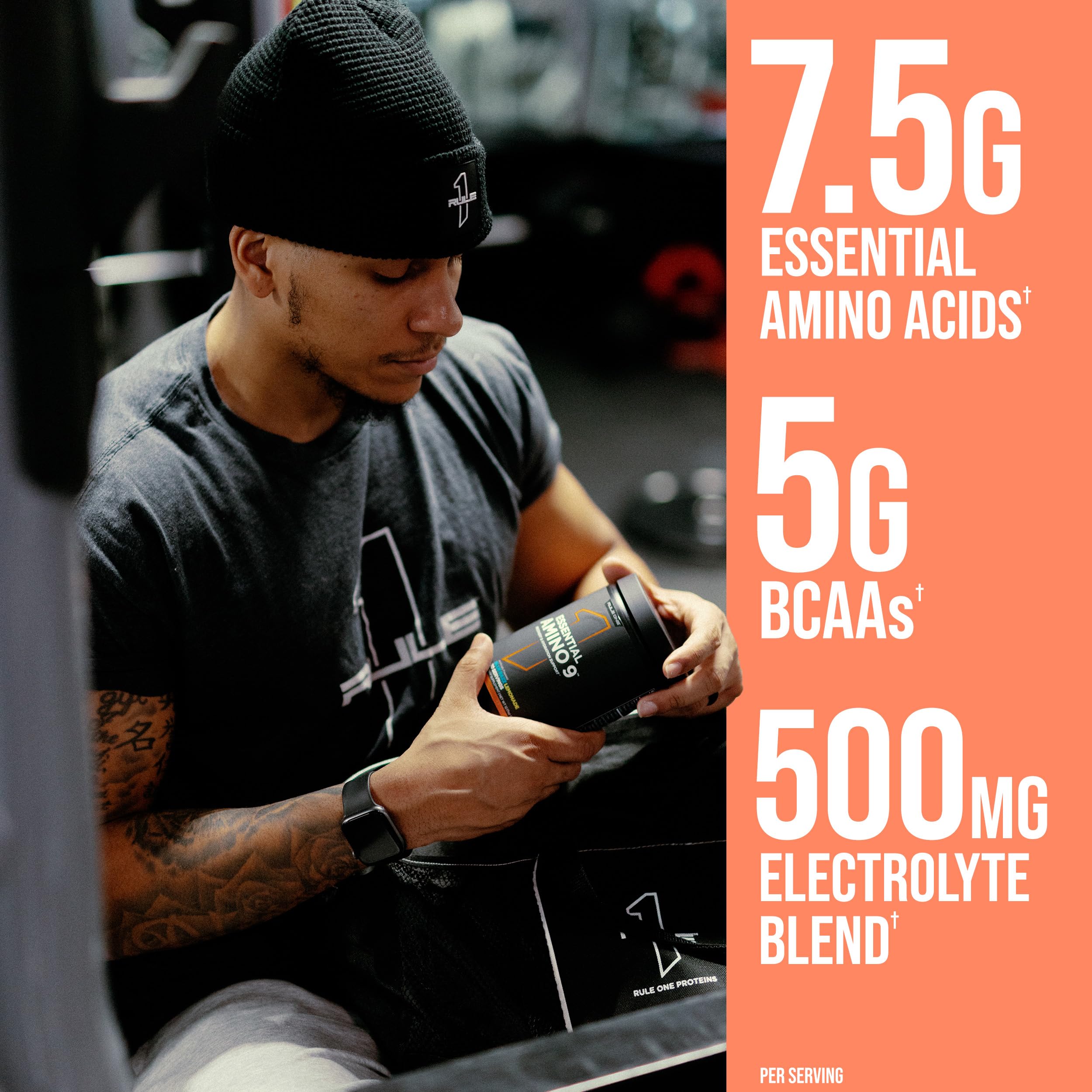 Rule 1 Essential Amino 9 powder tub showing premium EAAs powder ready to mix.