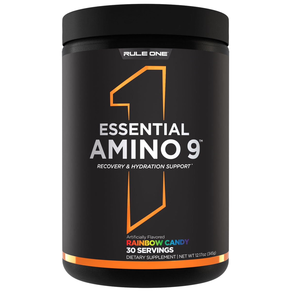 Rule 1 Essential Amino 9 tub label shows clean ingredients for recovery support.