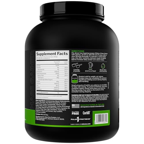 Rule 1 Mass Gainer nutrition facts panel showing 40 g protein per serving.
