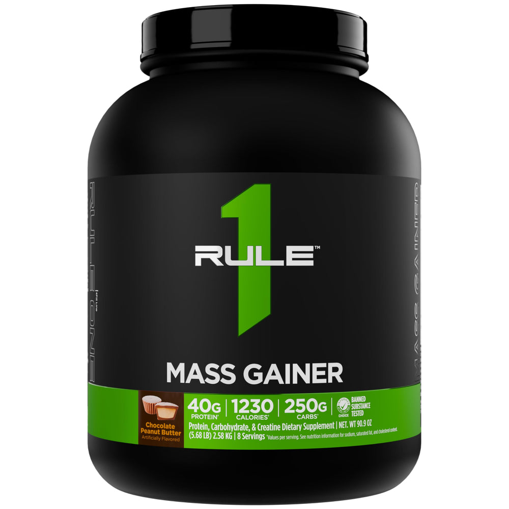 Rule 1 Mass Gainer tub front label highlighting 1,220+ calories per serving.