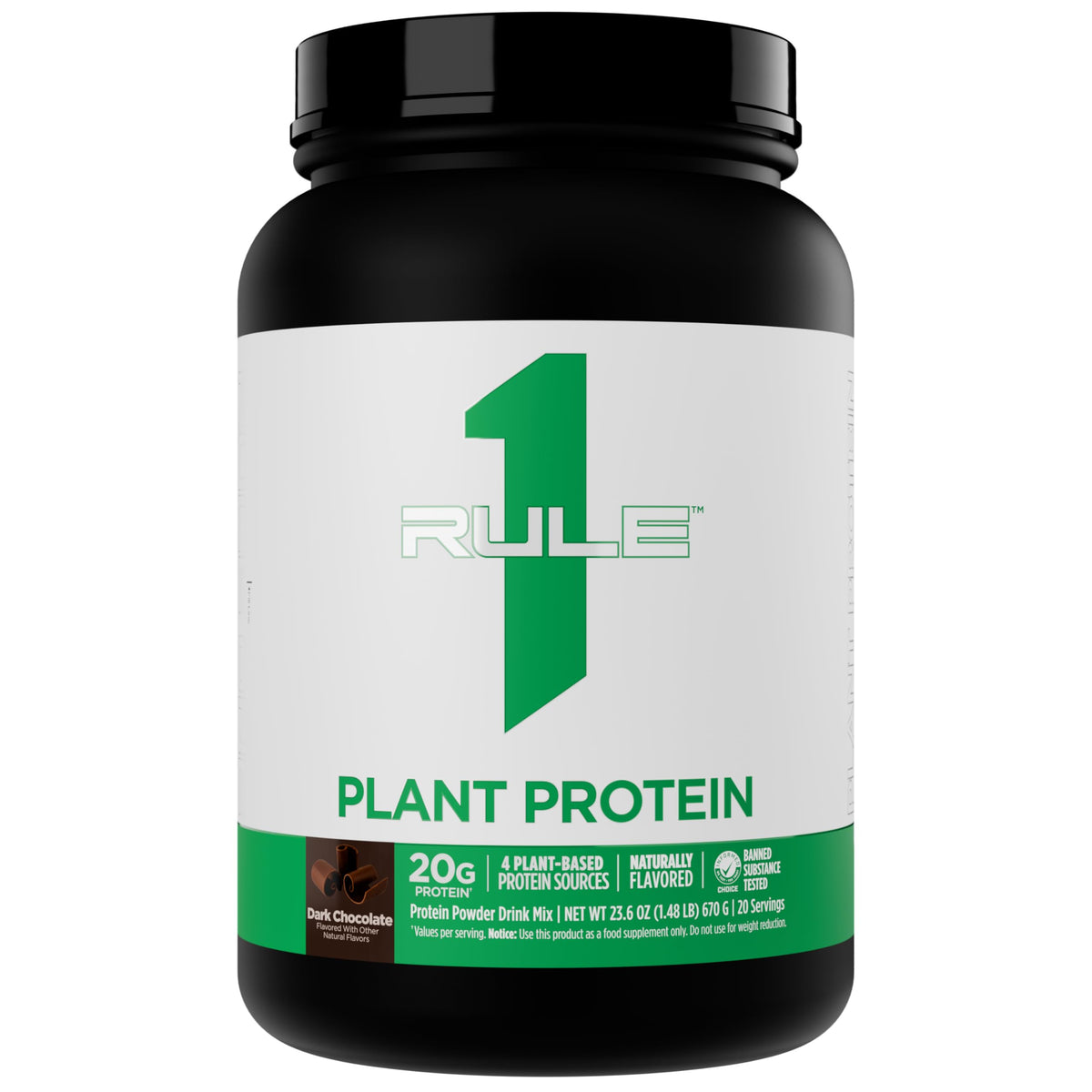 Rule 1 Plant Protein powder in dark chocolate canister for quick protein boosts