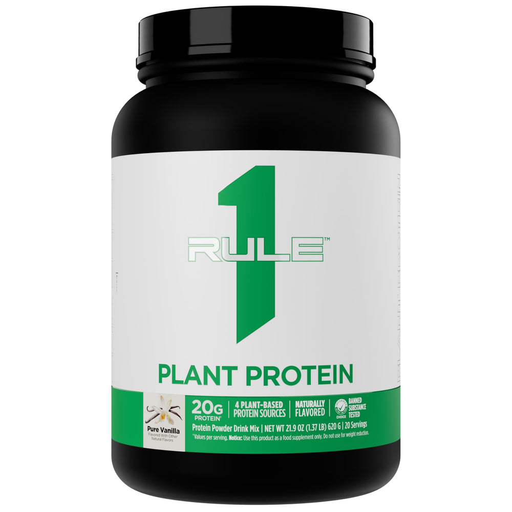 Rule 1 Plant Protein vanilla powder being scooped for a quick vegan shake.