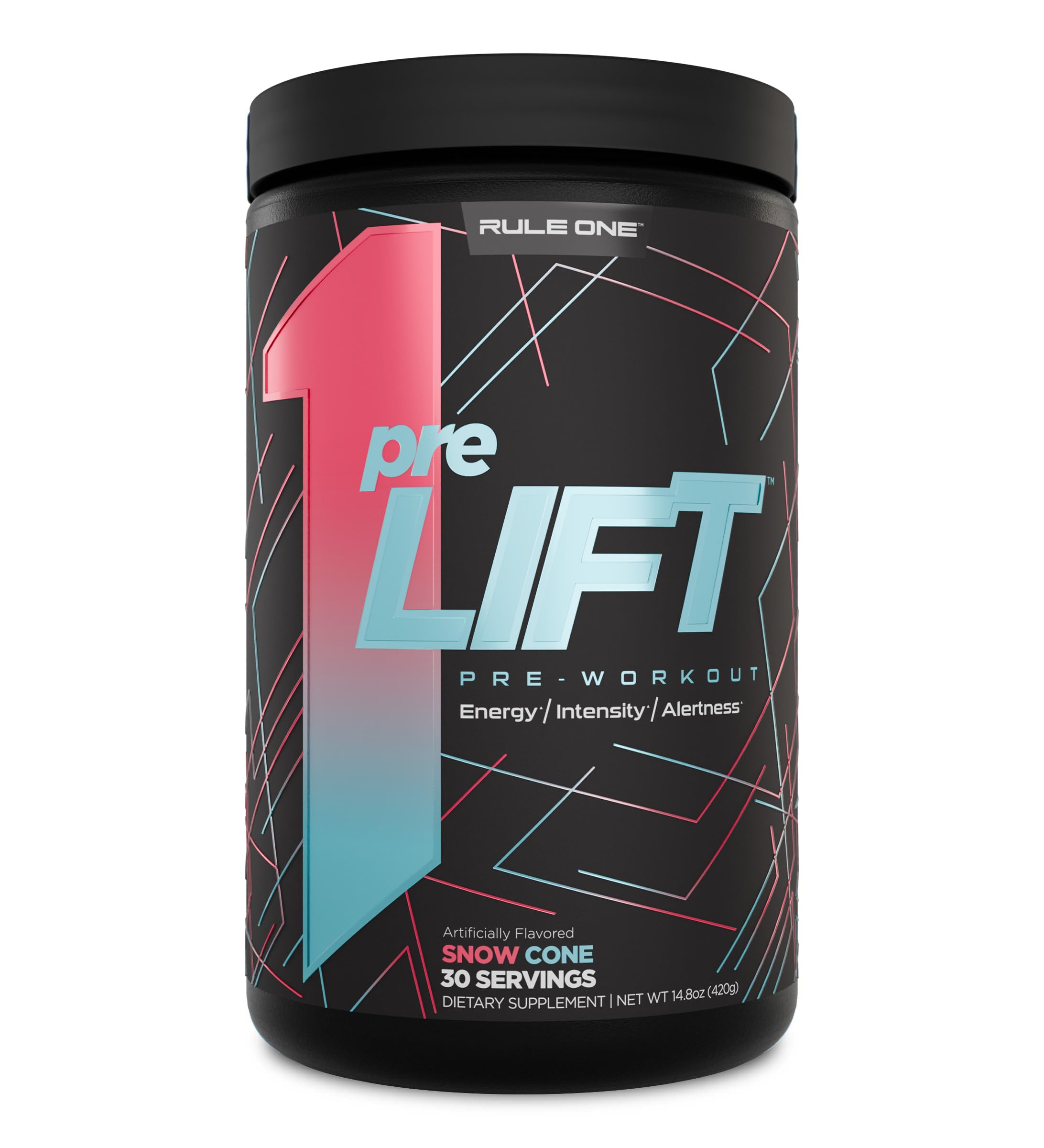 Rule 1 preLIFT bottle front view for pre-workout energy with Snow Cone flavor