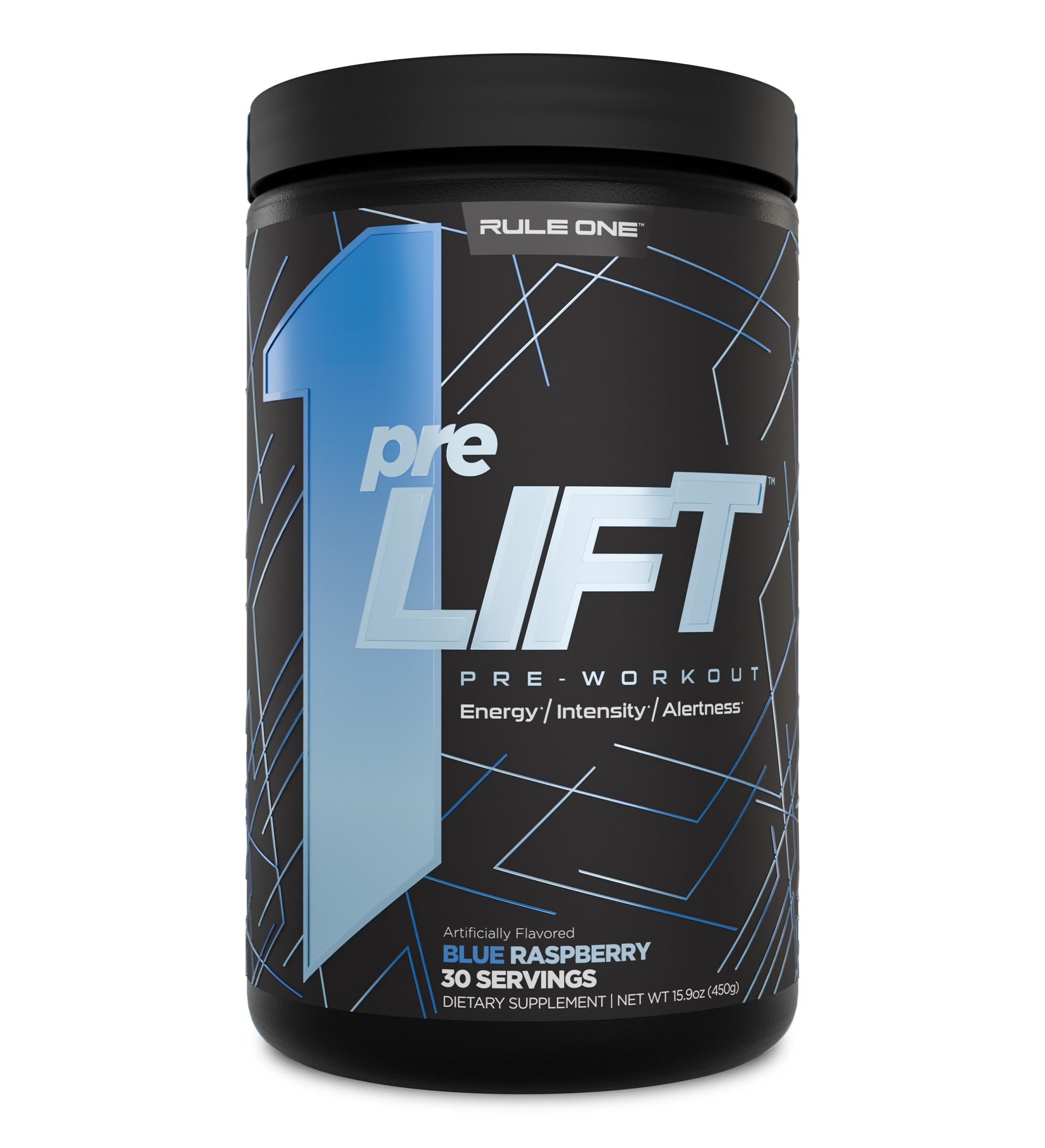 Rule 1 preLIFT bottle front in blue raspberry flavor, ready to energize workouts.