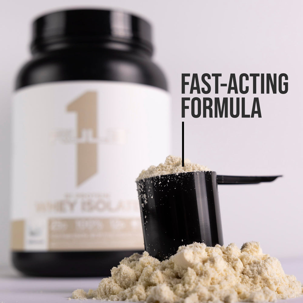 Rule 1 Protein Whey Isolate canister front view.