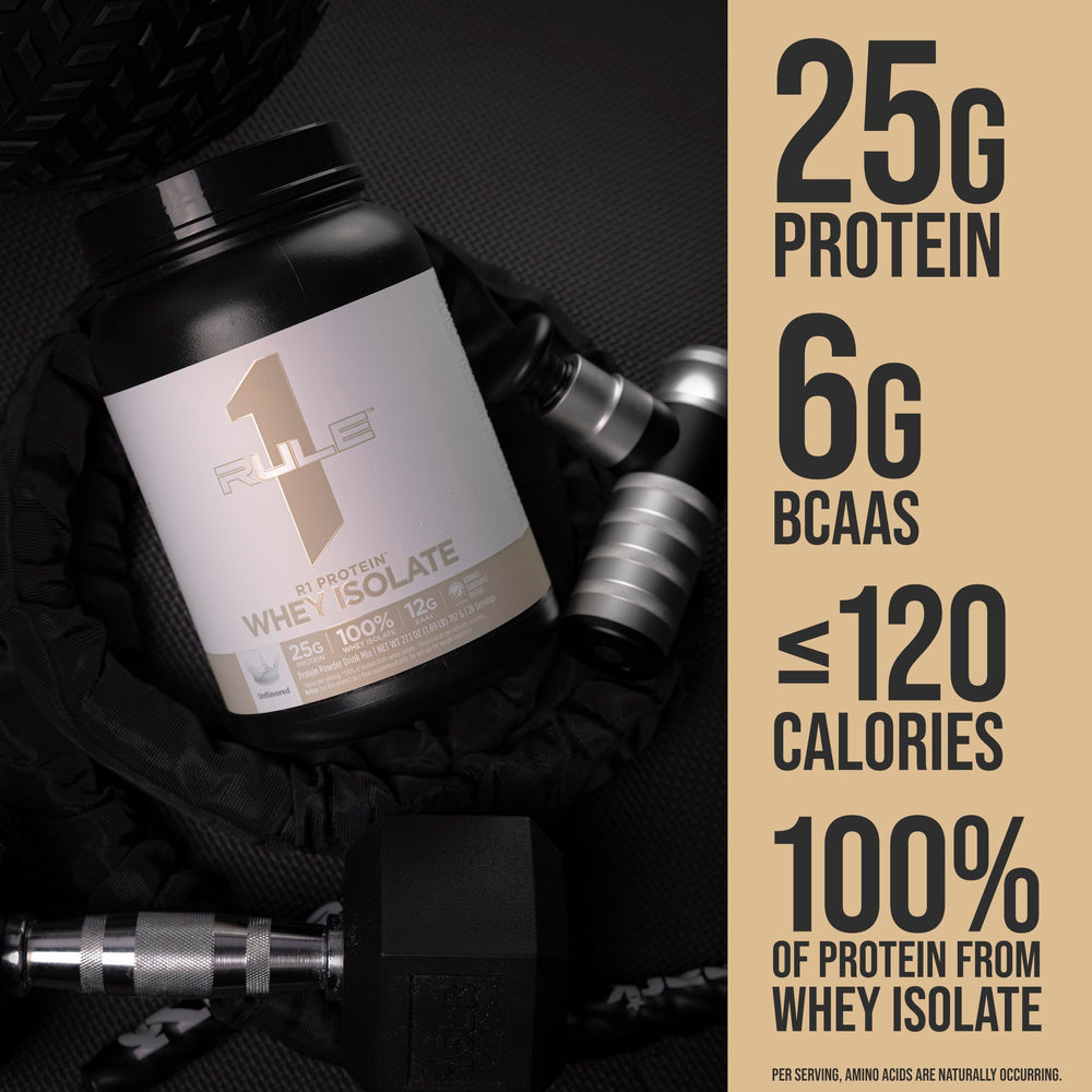 Rule 1 Protein Whey Isolate glass with shake shows creamy texture.