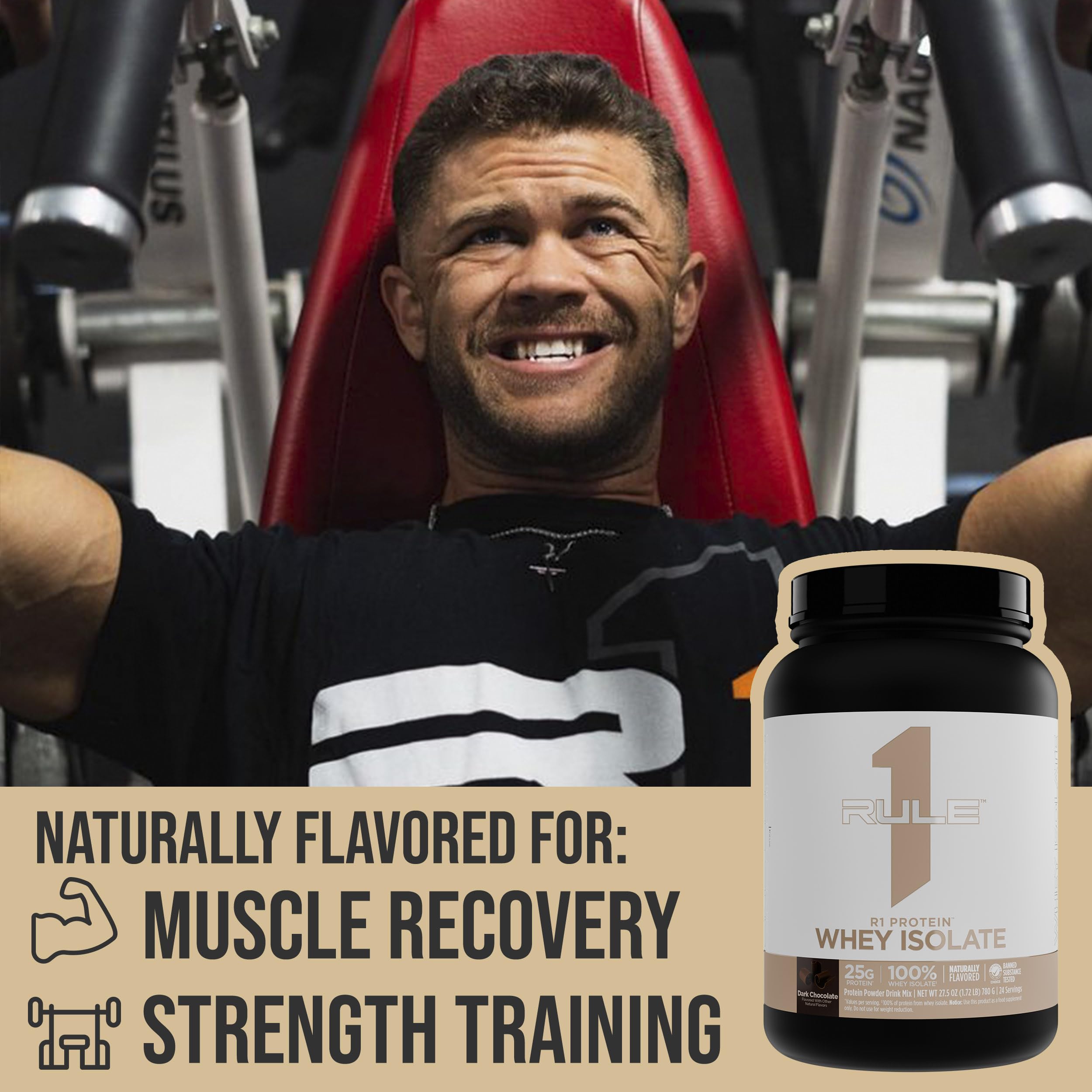 Rule 1 Protein Whey Isolate USA facility badge signaling quality.