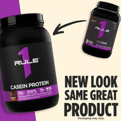 Rule 1 Casein Protein bottle beside bedtime setup suggests night-time use for hunger management.