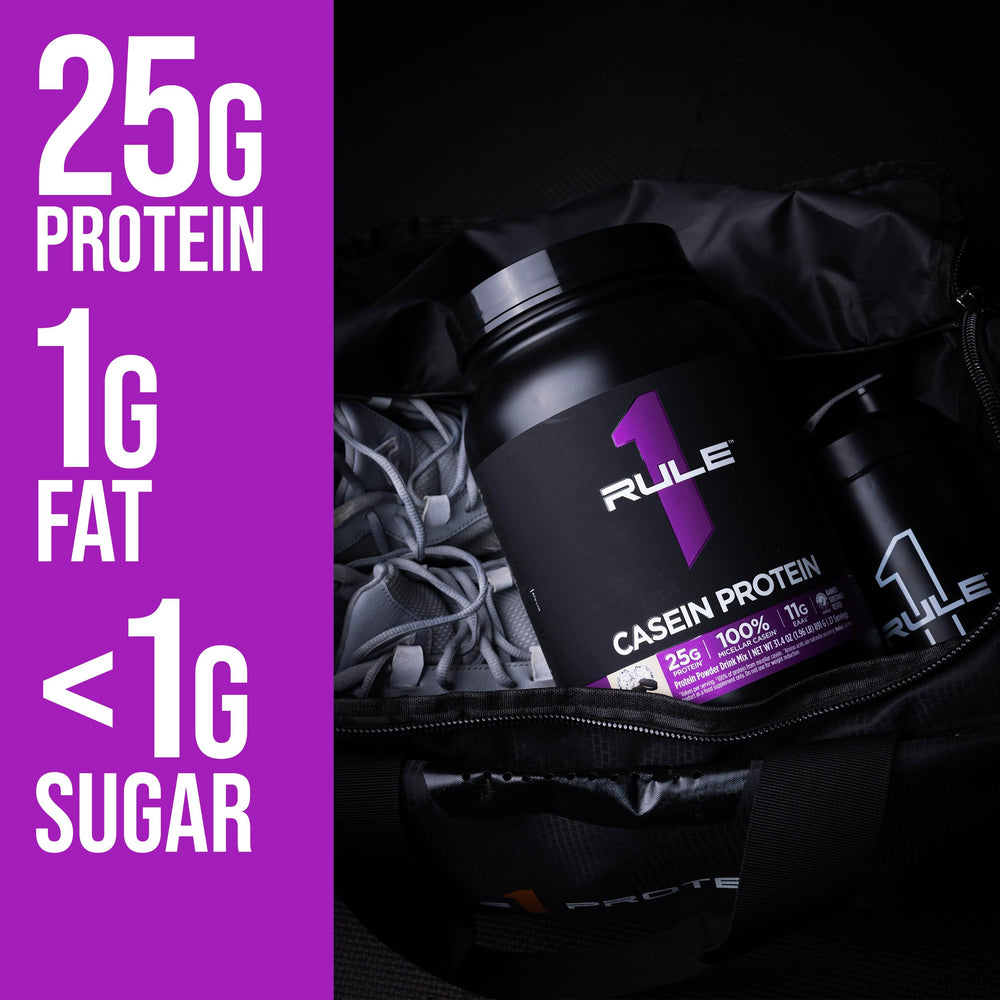 Rule 1 Casein Protein scoop with label communicates 11g EAAs and BCAAs benefits.