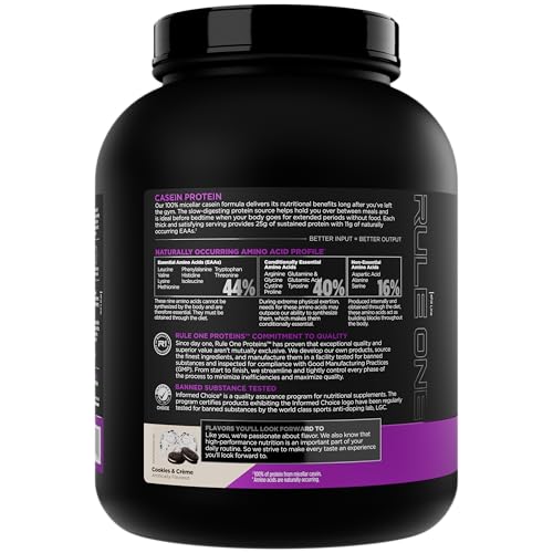 Rule 1 Proteins Casein shake poured into glass with cookies & creme flavor