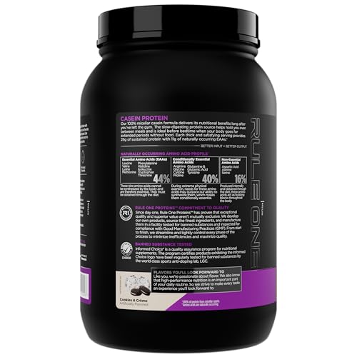 Rule 1 Casein Protein slow-digesting graphic emphasizes extended amino acid delivery throughout the night.