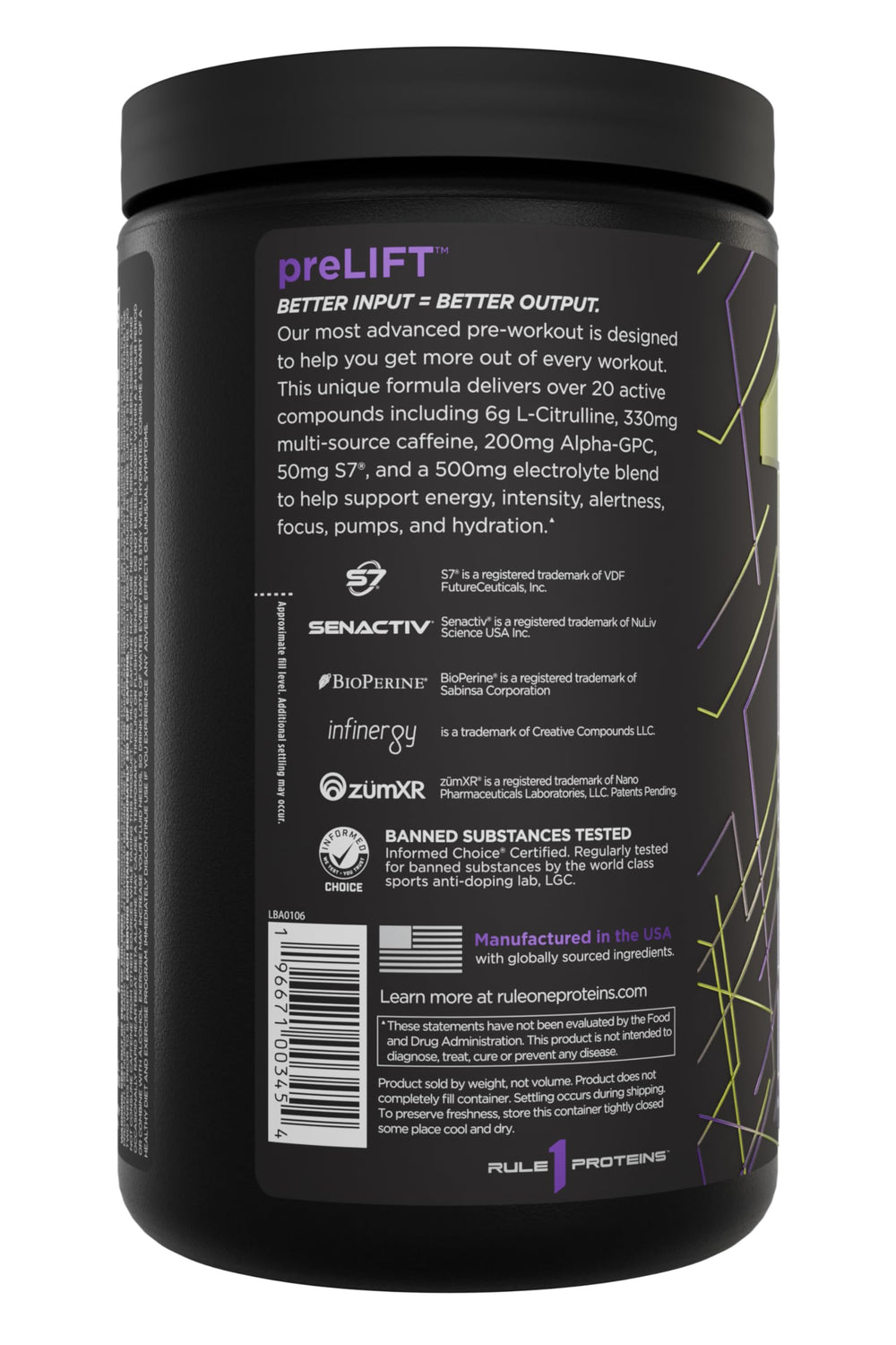 Rule 1 Proteins PreLIFT label dosages close-up emphasizes transparency and trusted ingredient amounts.