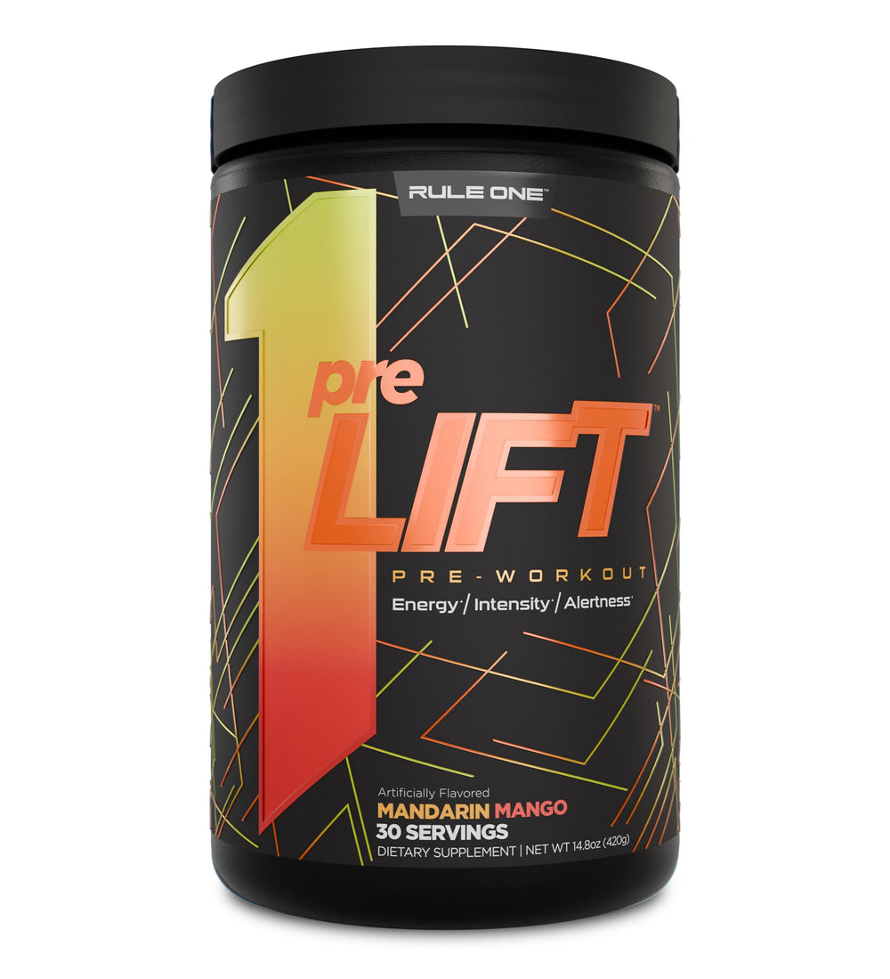 Rule 1 Proteins preLIFT Mandarin Mango bottle ready for energizing workouts.