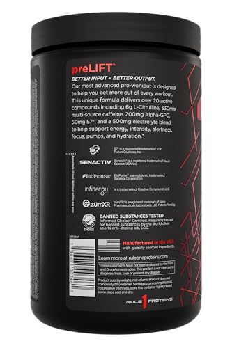 Rule 1 Proteins preLIFT powder detail close-up highlights citrulline and beta-alanine