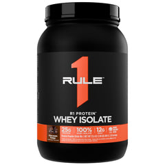 Rule 1 Proteins R1 Whey Isolate front label shows a high‑quality protein source