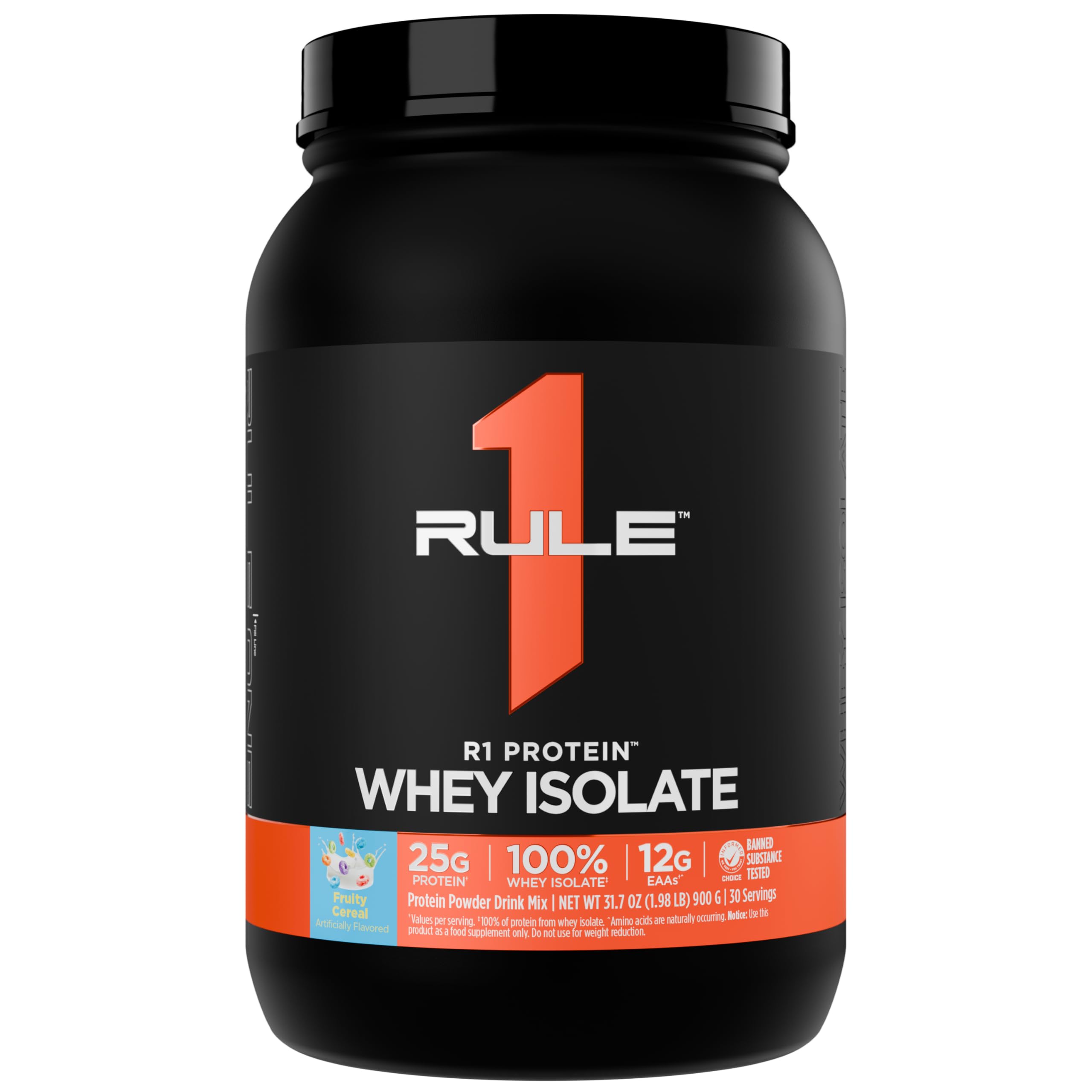 Rule 1 Proteins R1 Whey Isolate jar highlights pure whey protein for post-workout support