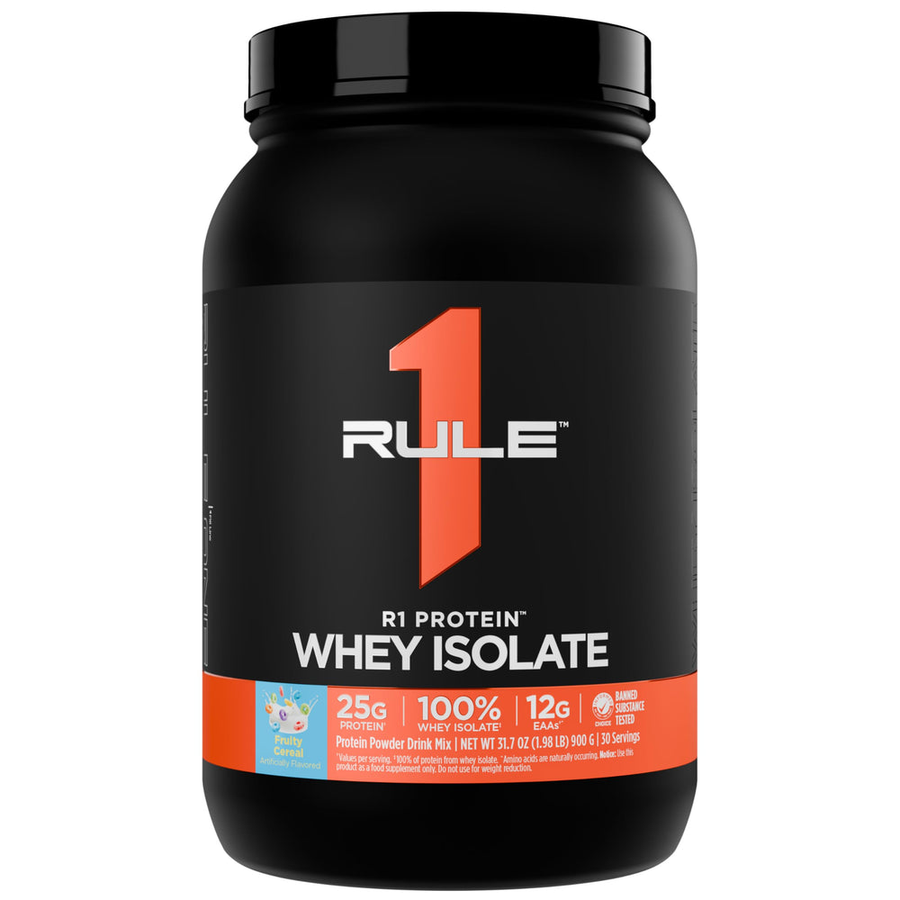 Rule 1 Proteins R1 Whey Isolate jar highlights pure whey protein for post-workout support