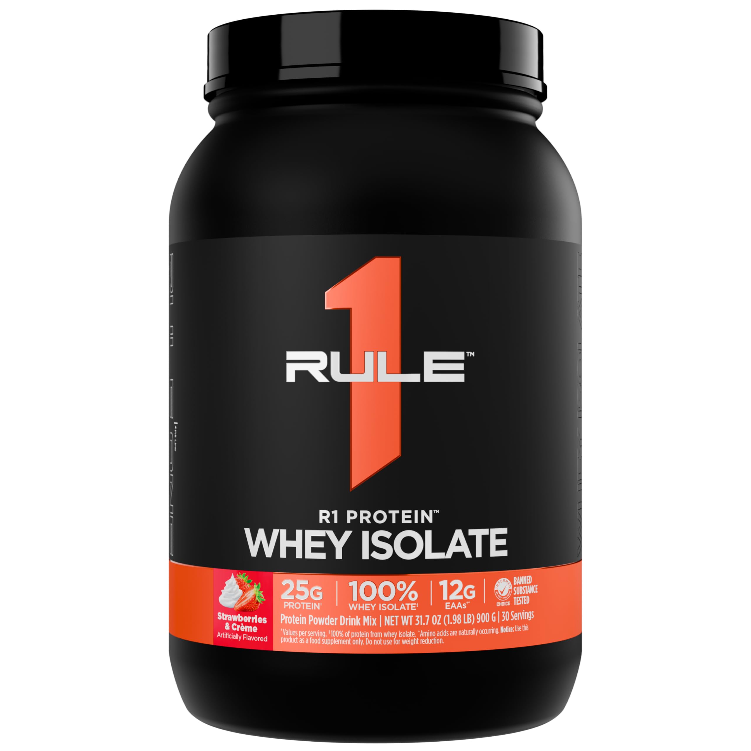Rule 1 Proteins R1 Whey Isolate tub with Strawberries & Crème for post-workout protein