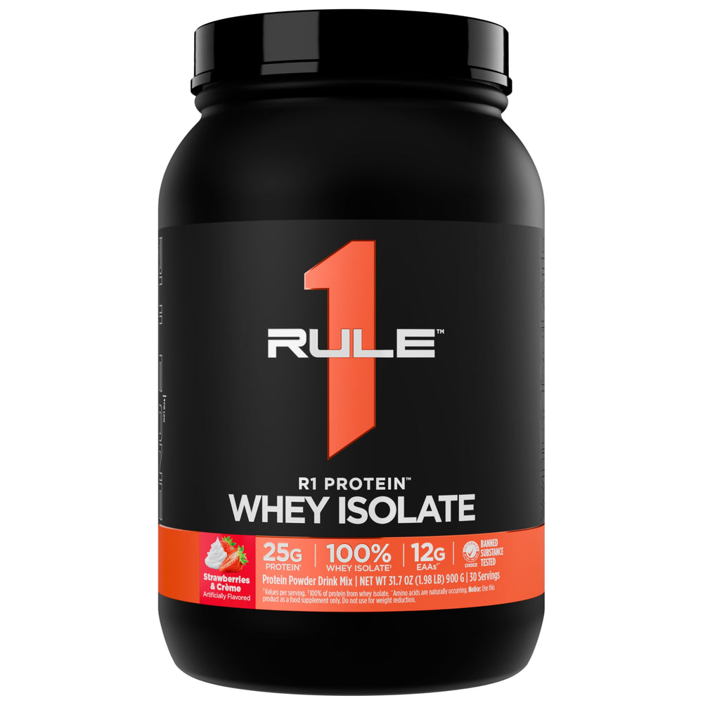 Rule 1 Proteins R1 Whey Isolate tub with Strawberries & Crème for post-workout protein