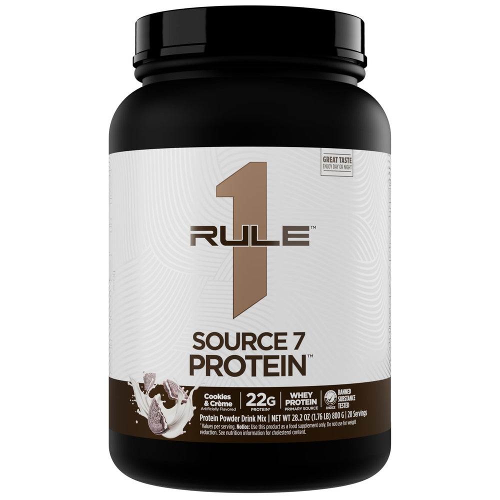 Rule 1 Proteins Source 7 Cookies Cream powder ready for a creamy dessert-like shake