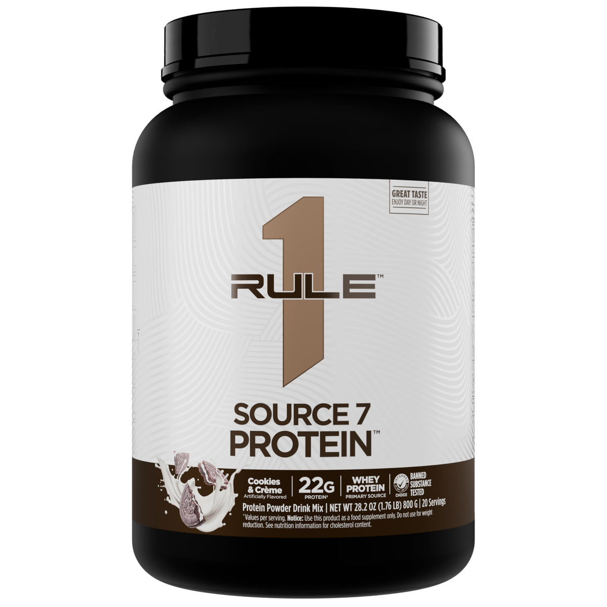 Rule 1 Proteins Source 7 Cookies Cream powder ready for a creamy dessert-like shake