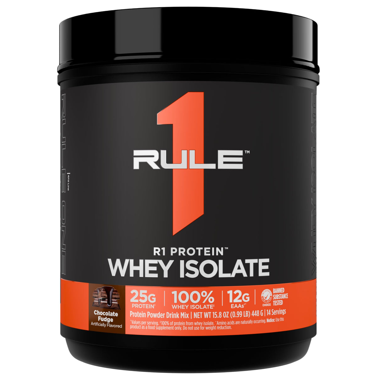 Rule 1 R1 Protein Whey Isolate chocolate fudge label close-up for pure protein