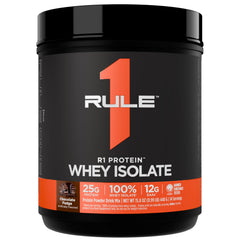Rule 1 R1 Protein Whey Isolate chocolate fudge label close-up for pure protein