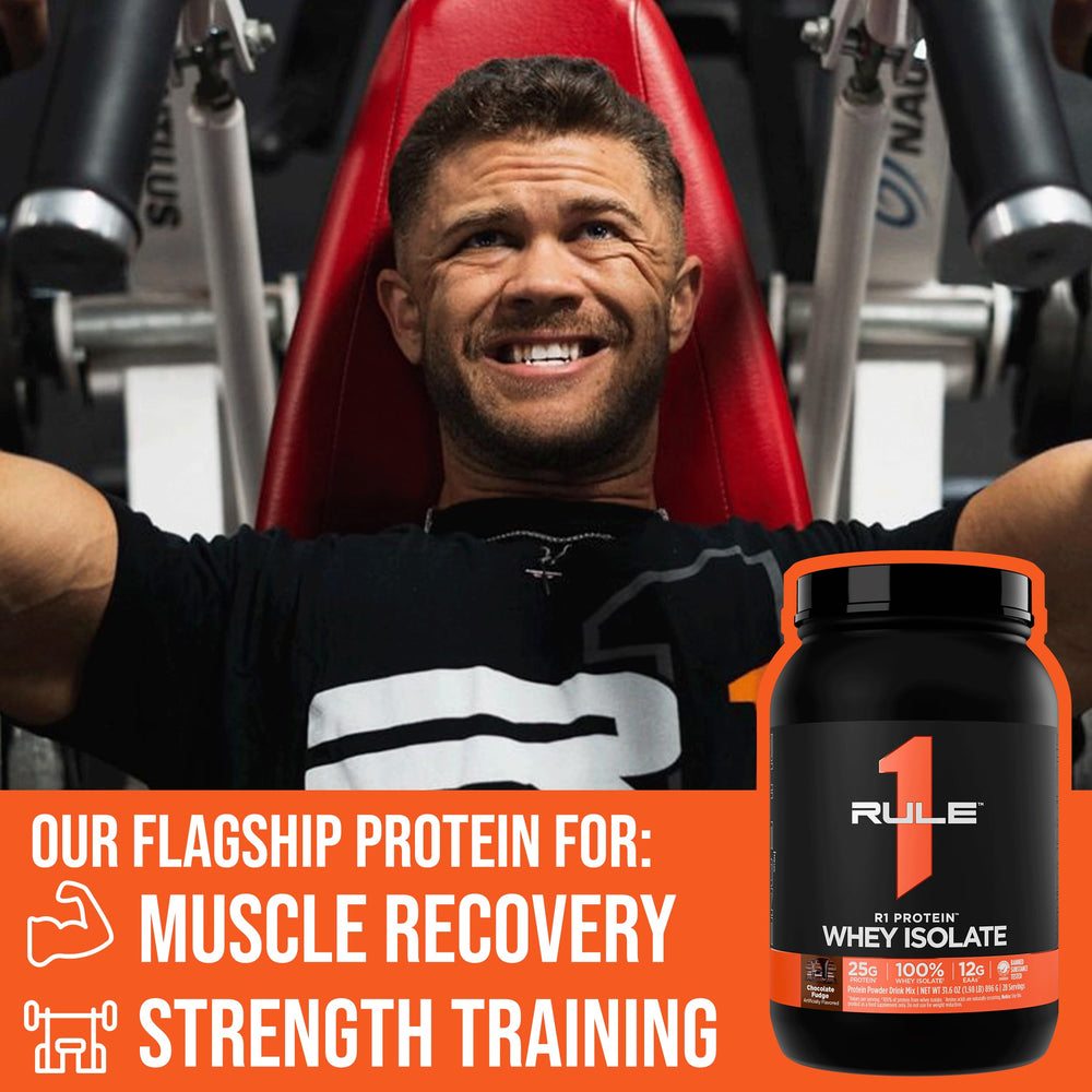 Rule 1 R1 Protein Whey Isolate pour into a glass for fast-dissolving mix