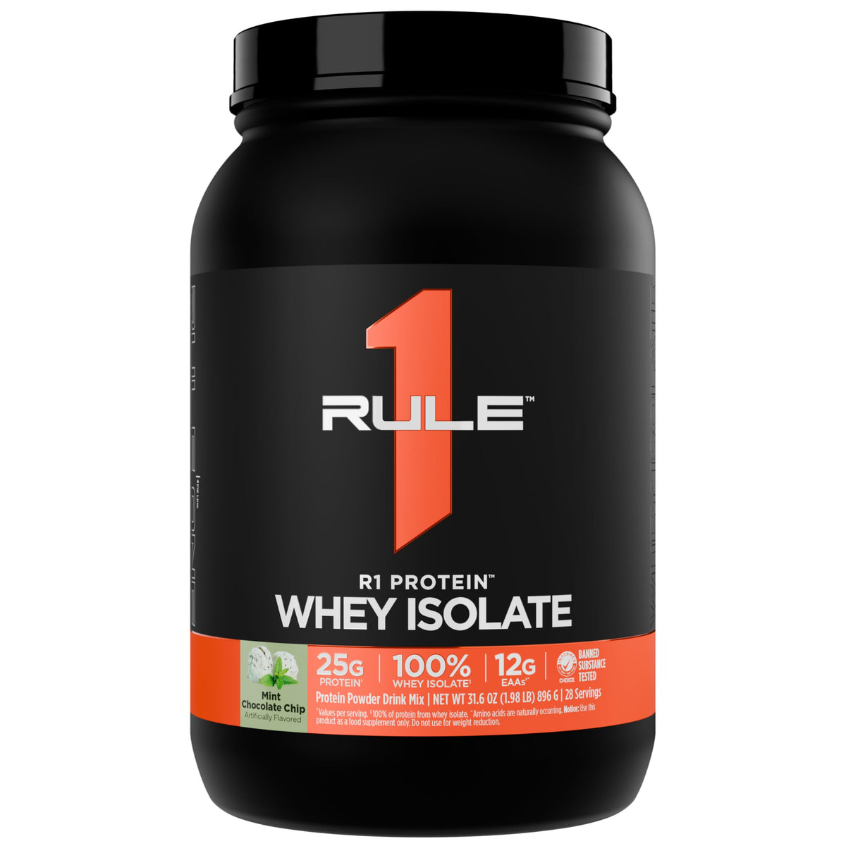 Rule 1 R1 Whey Isolate bottle in mint chocolate chip flavor for post-workout shakes