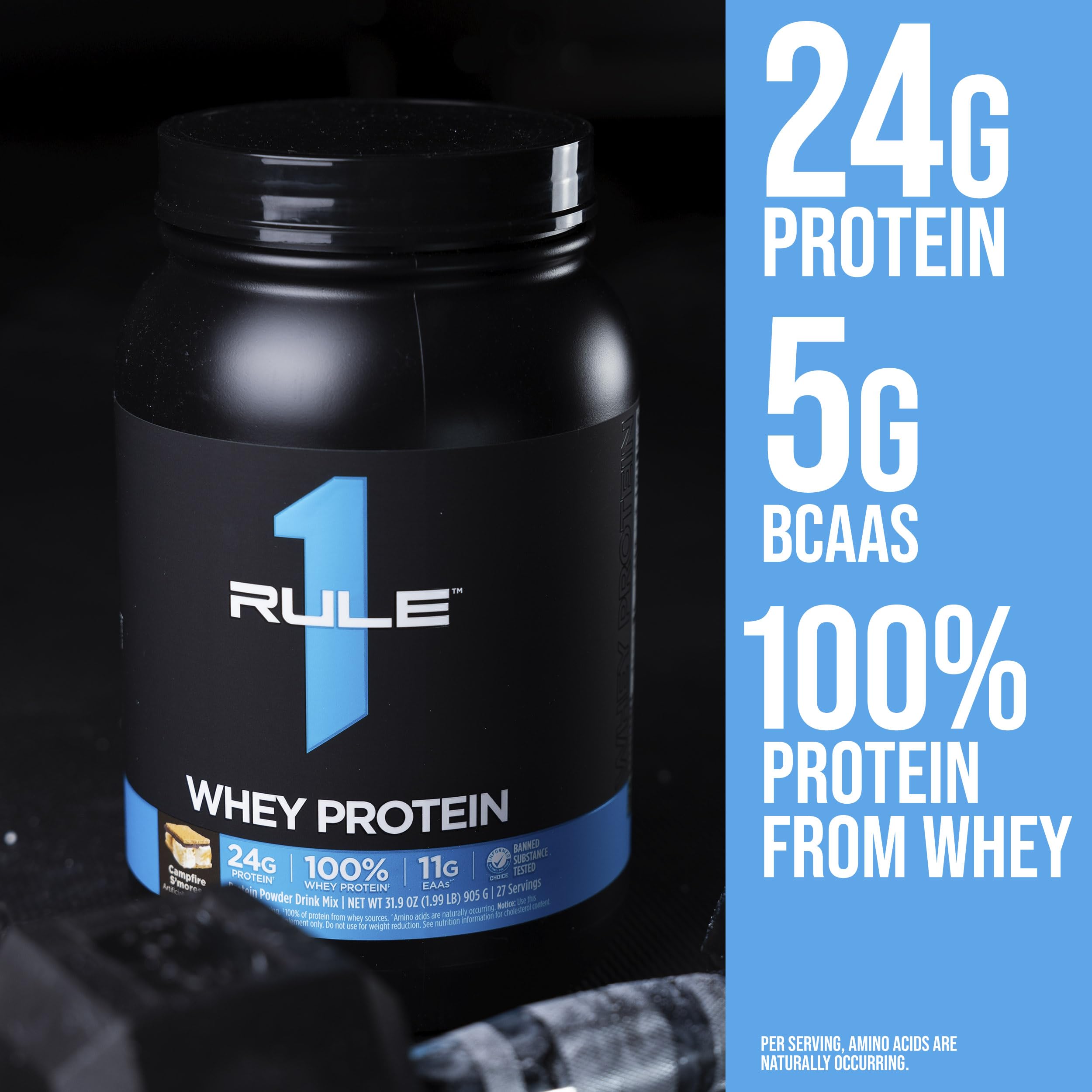 Rule 1 Whey Protein Campfire S'Mores flavor suggesting a tasty post-workout treat.