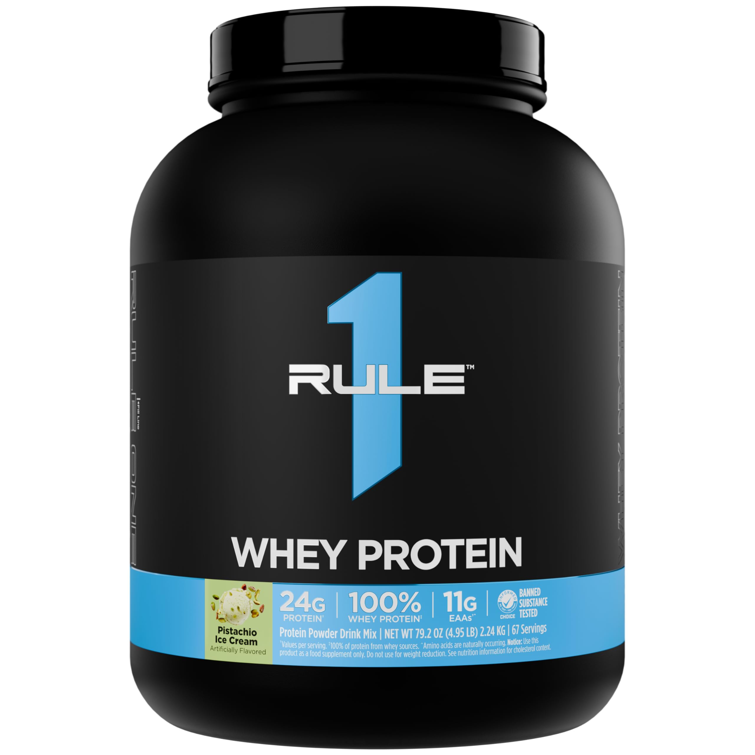 Rule 1 Whey Protein jar front view, premium protein source for muscle support.