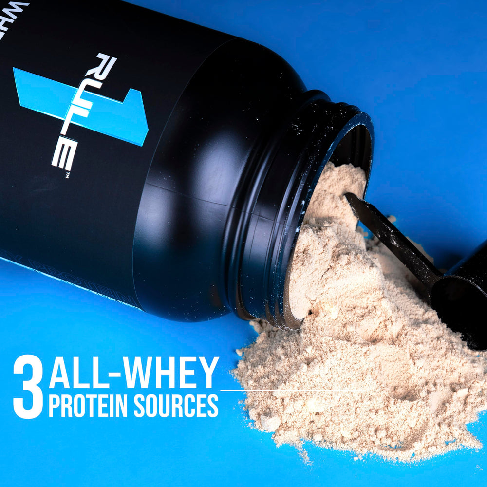 Rule 1 Whey Protein post-workout serving ready to mix with water or milk.