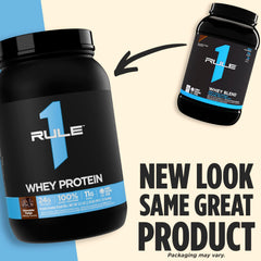 Rule 1 Whey Protein tub label highlights three-whey blend with EAAs.