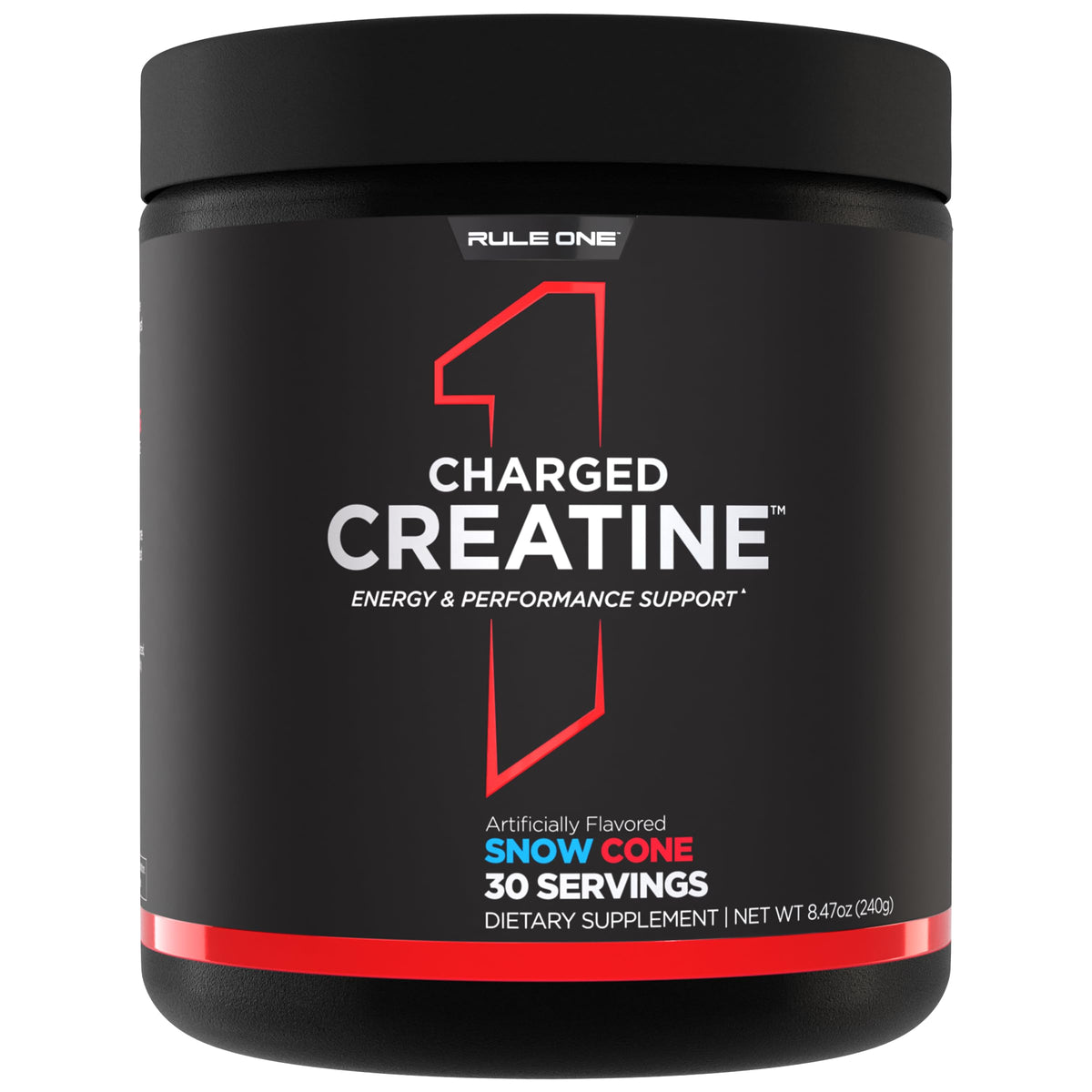 Rule 1 Charged Creatine bottle front Snow Cone flavor energizing workouts.