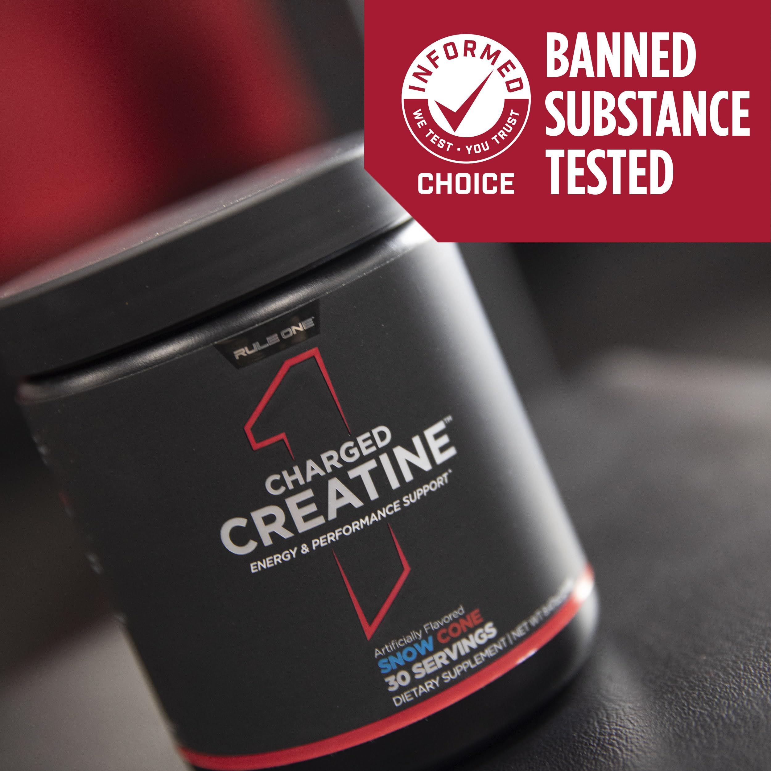 Rule 1 Charged Creatine jar in kitchen ready for hydration and recovery.