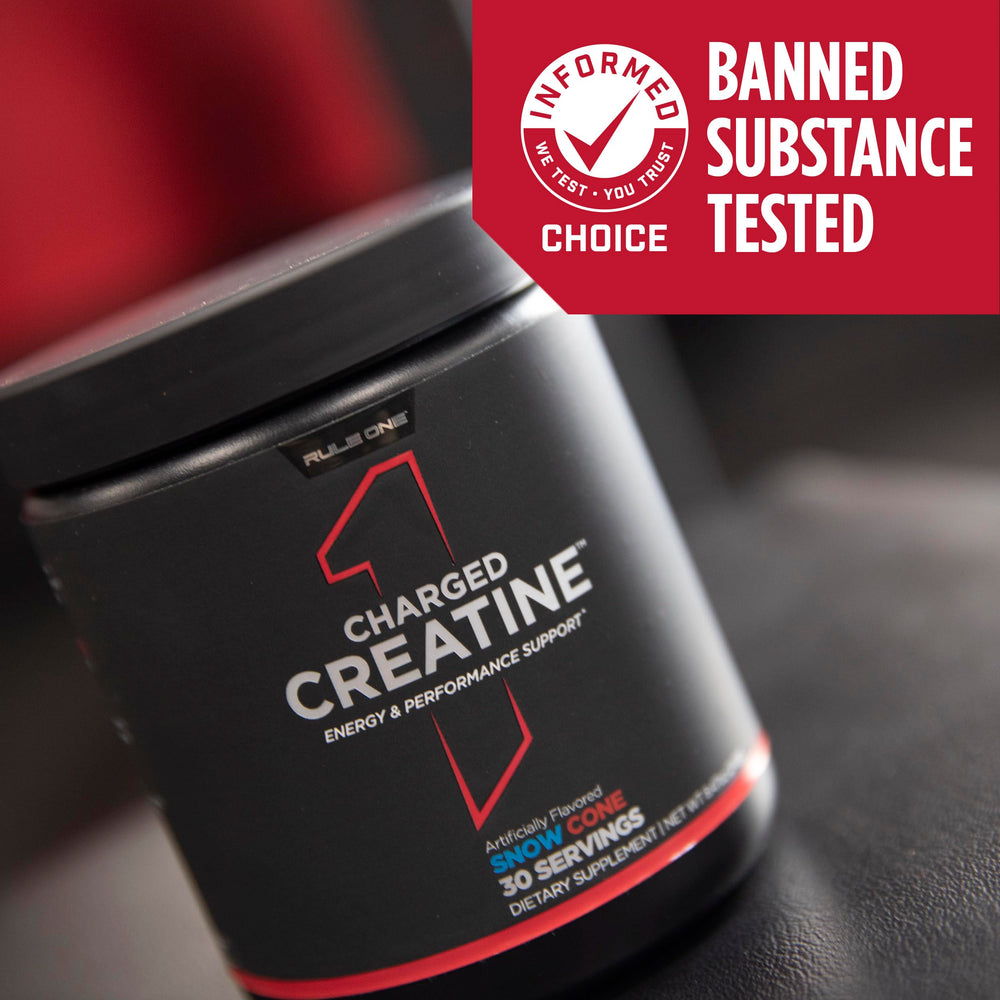 Rule 1 Charged Creatine jar in kitchen ready for hydration and recovery.