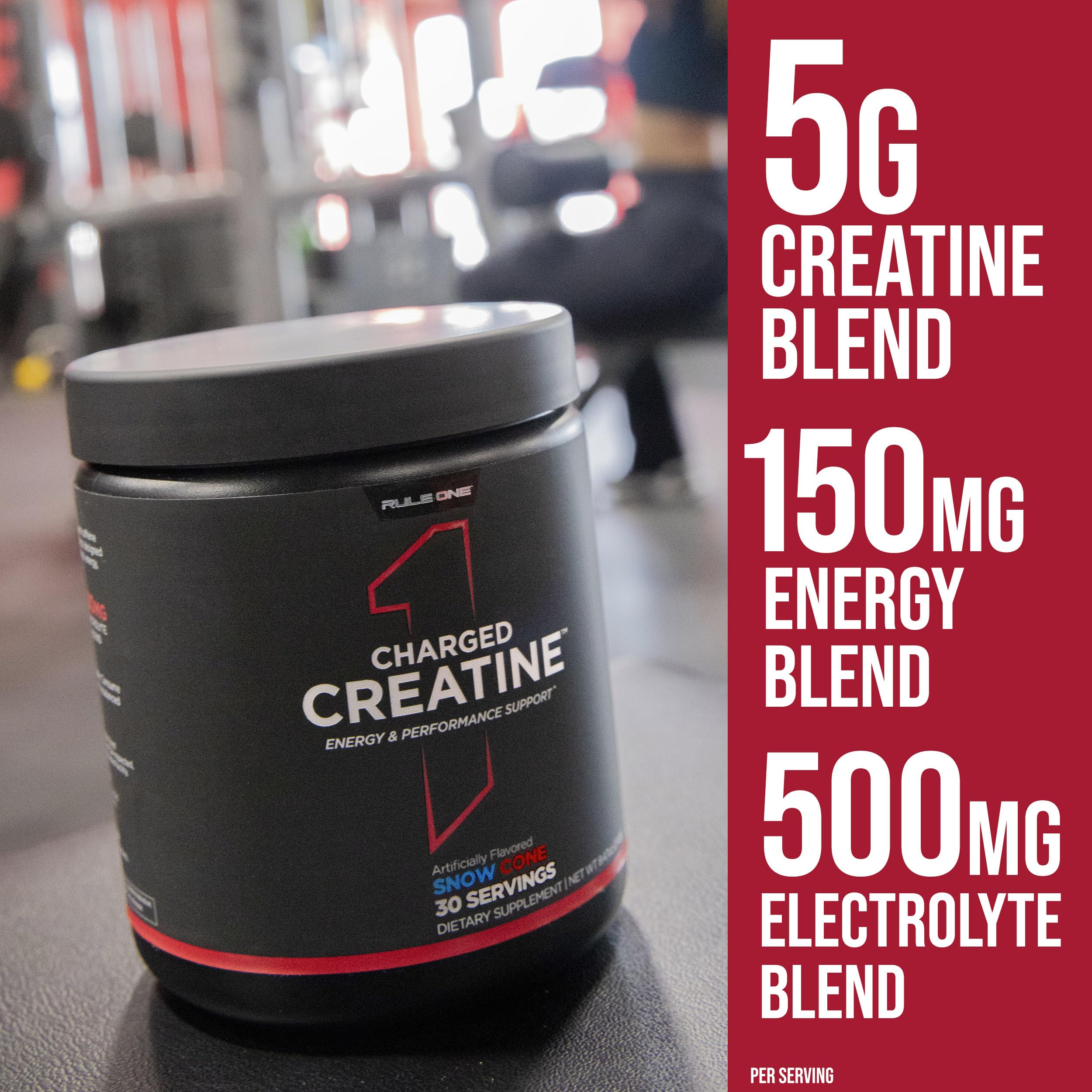 Rule 1 Charged Creatine label close-up shows 5g creatine blend.