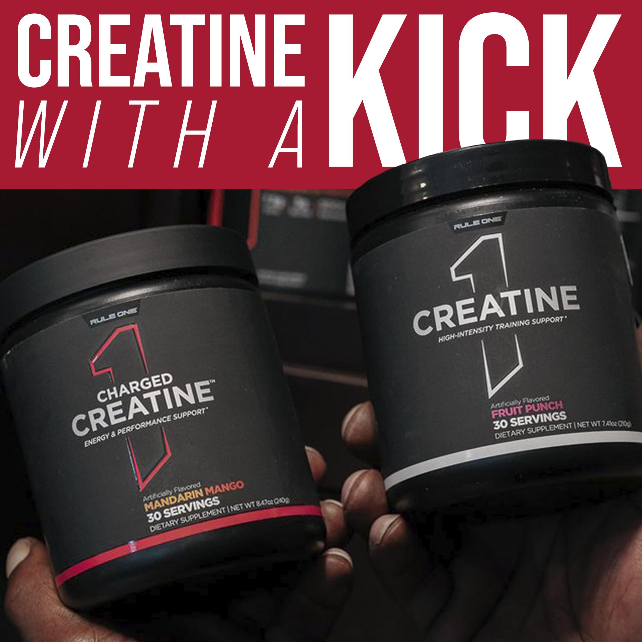 Rule 1 Charged Creatine powder scoop ready to mix for convenient pre-workout use.