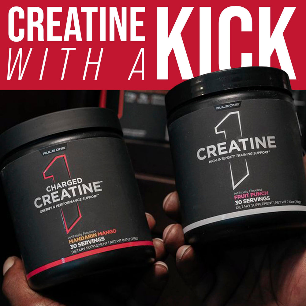 Rule 1 Charged Creatine powder scoop ready to mix for convenient pre-workout use.