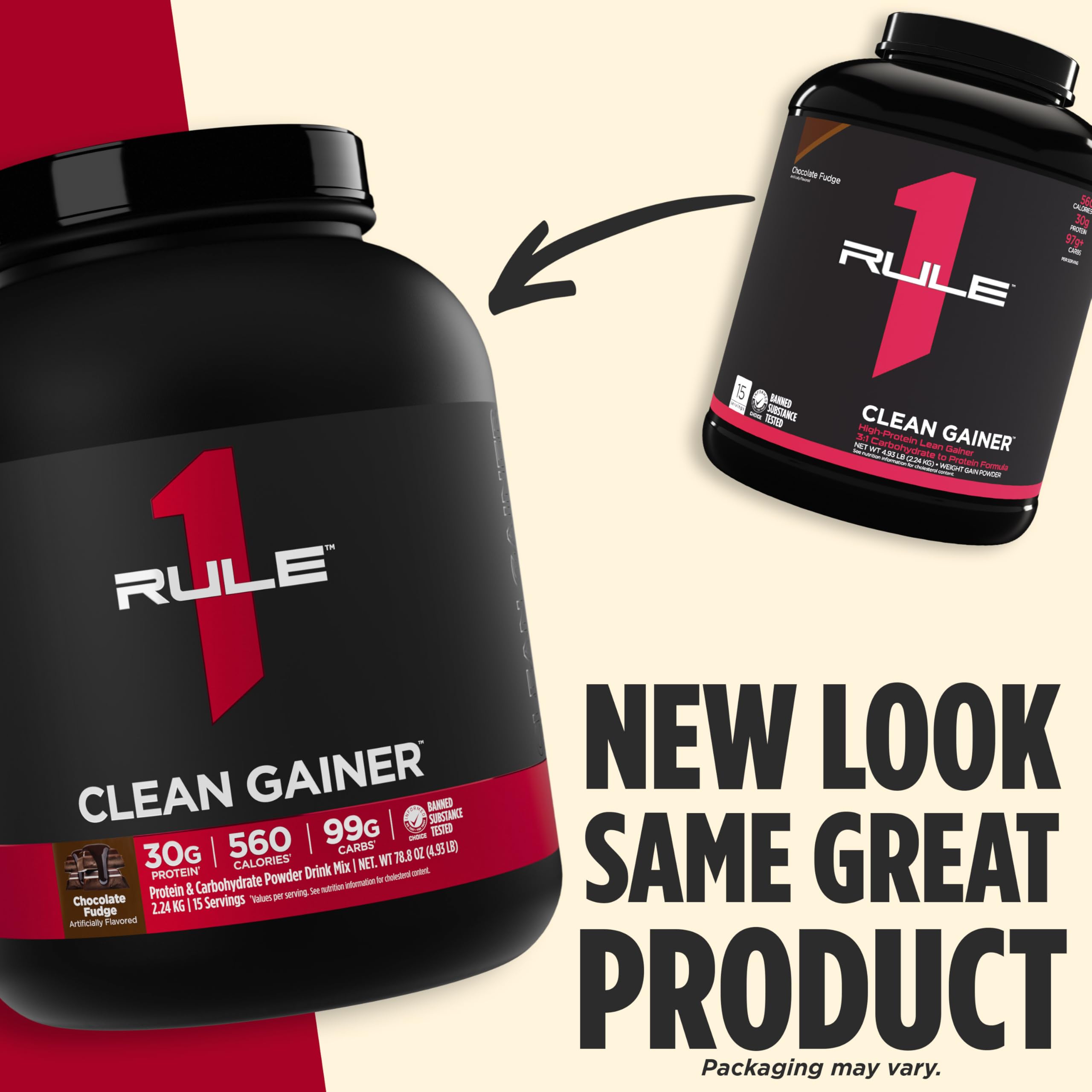5 lb tub label of Rule 1 Clean Gainer illustrates serving size and calories
