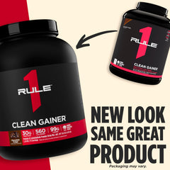 5 lb tub label of Rule 1 Clean Gainer illustrates serving size and calories