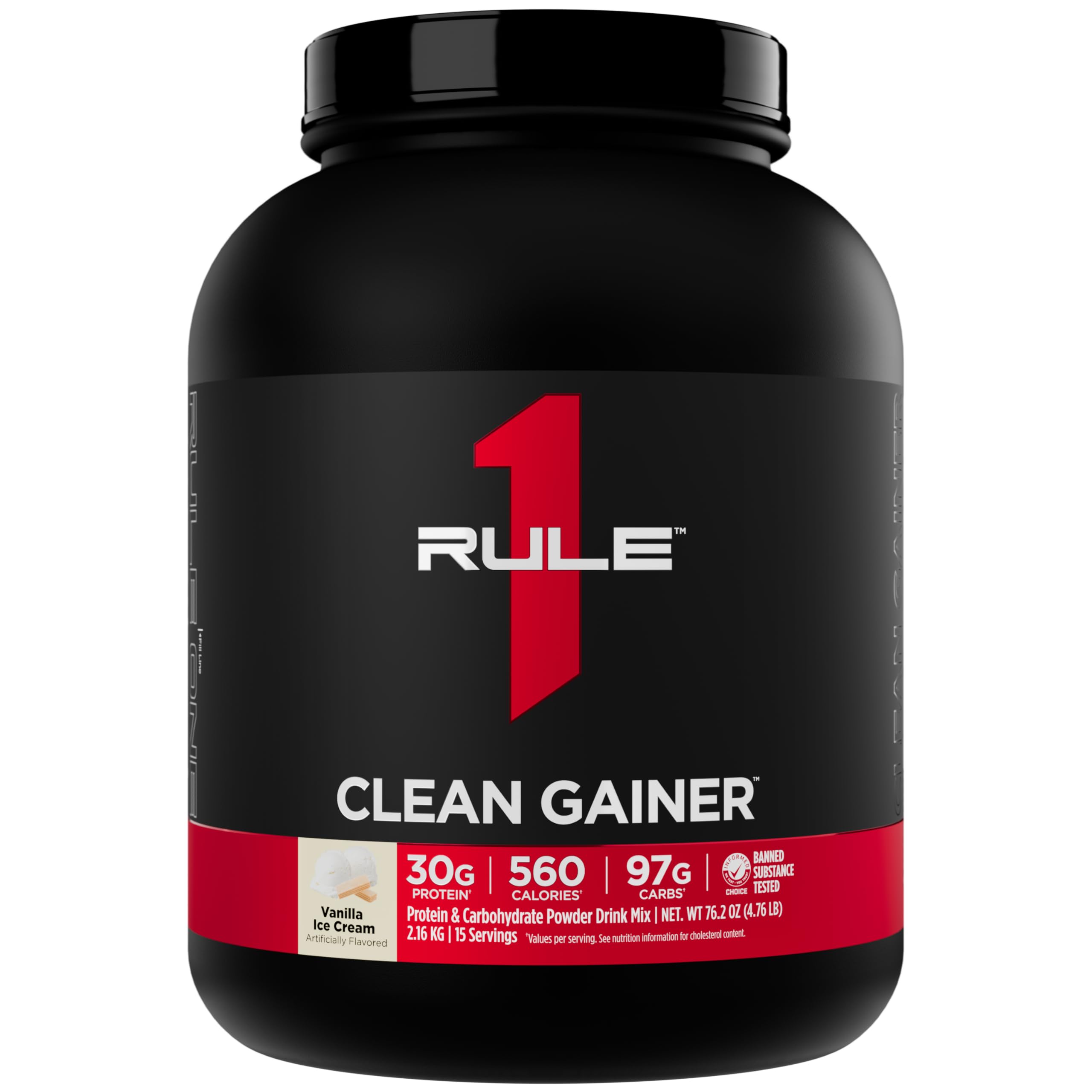 Rule 1 Clean Gainer bottle with Vanilla Ice Crème showing high-calorie lean gain profile