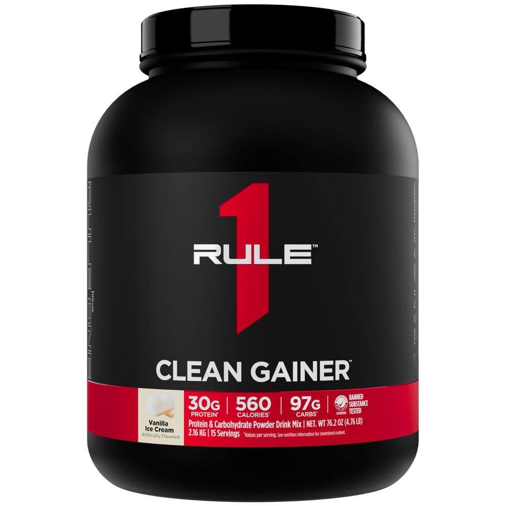 Rule 1 Clean Gainer bottle with Vanilla Ice Crème showing high-calorie lean gain profile