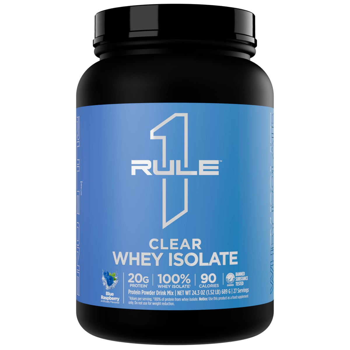 Rule 1 Clear Whey Isolate blue raspberry bottle ready for a crisp post-workout refresh.