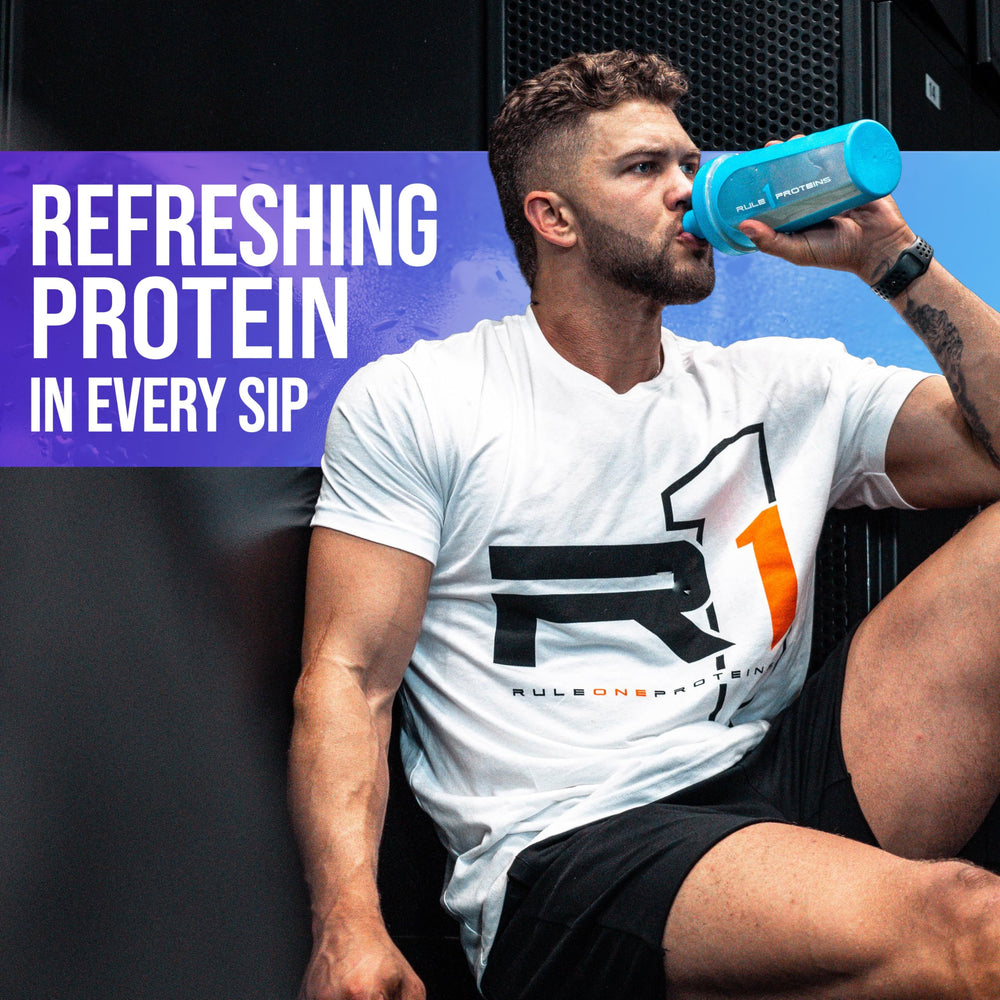 Rule 1 Clear Whey Isolate bottle close-up showcases clean ingredients.