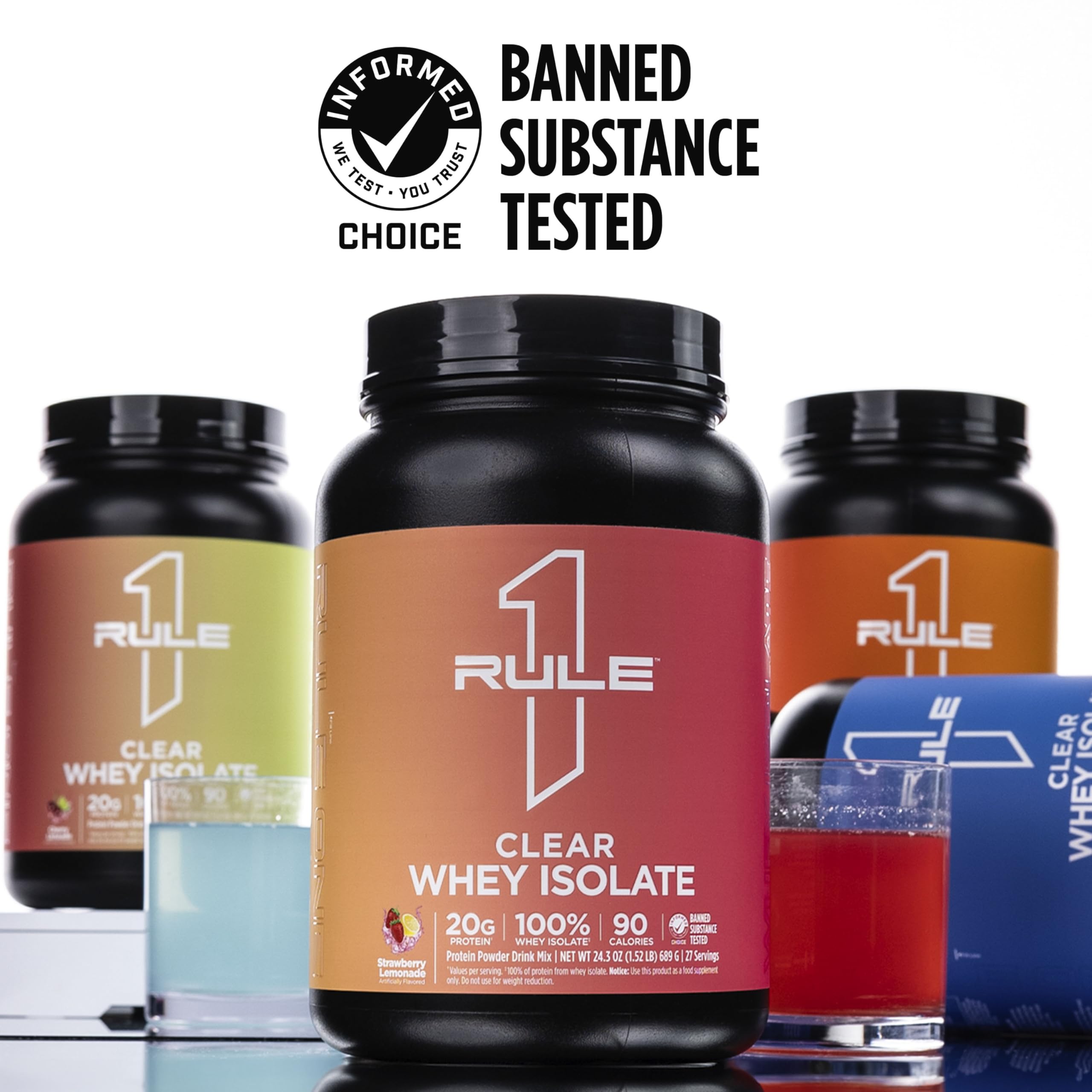 Rule 1 Clear Whey Isolate facility shot reinforces GMP-certified production.