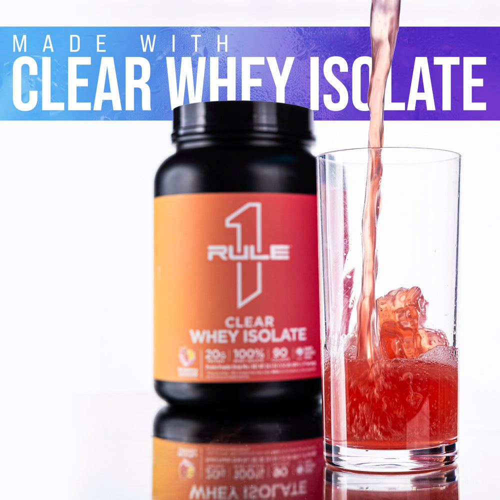 Rule 1 Clear Whey Isolate label close-up emphasizes purity and manufacturing quality.