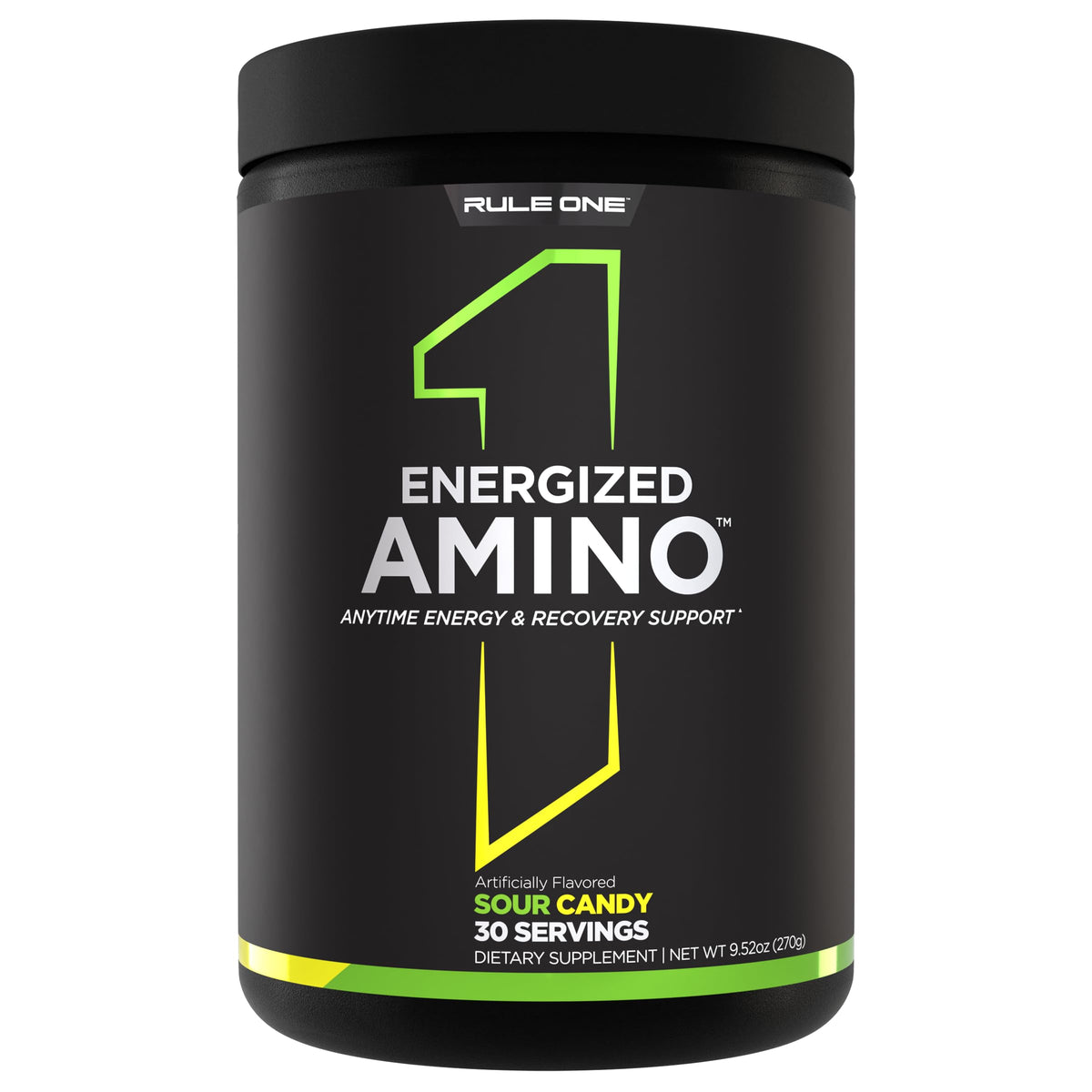 Rule 1 Energized Amino bottle label showing energy and recovery ingredients