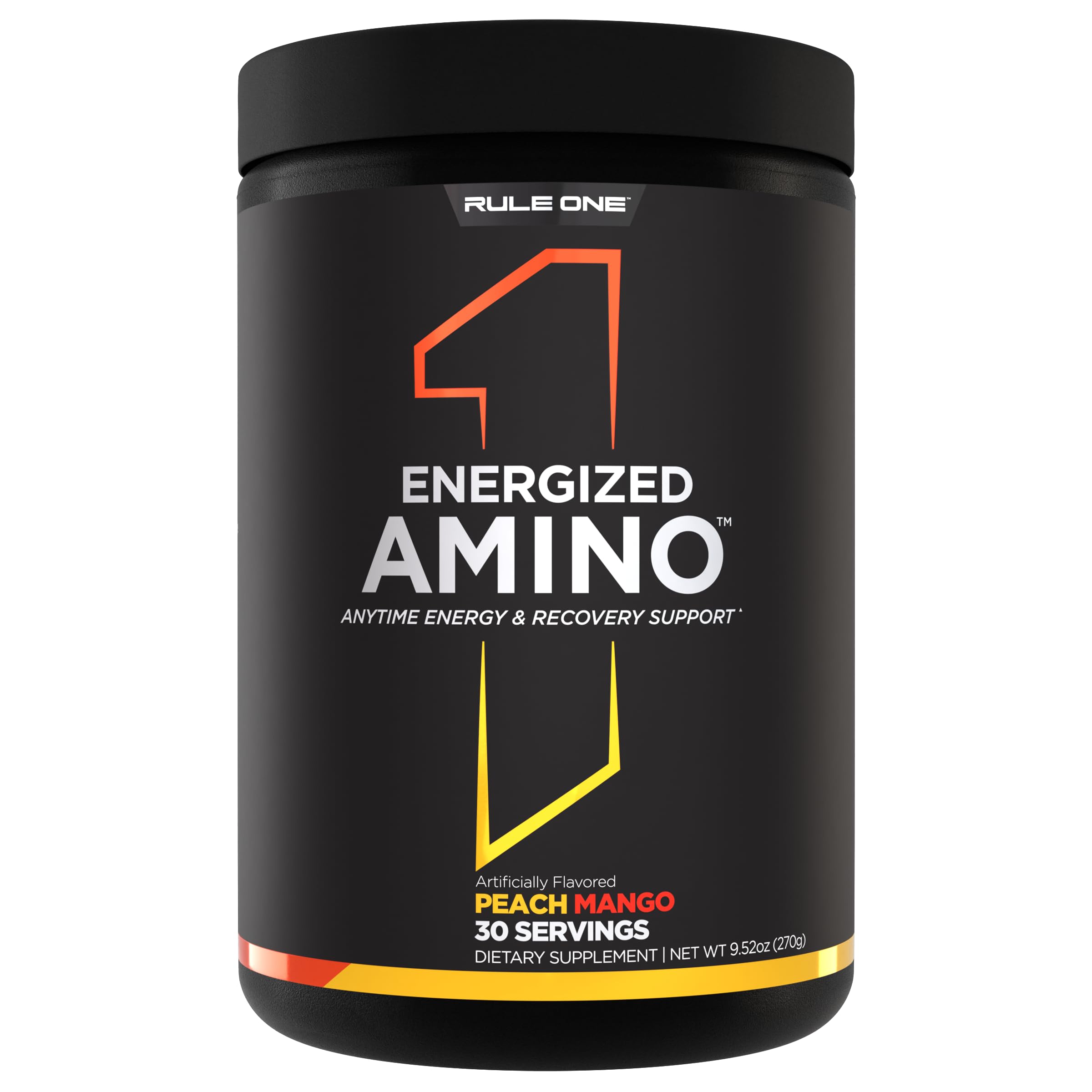 Rule 1 Energized Amino bottle—peach mango flavor for daily energy and recovery.