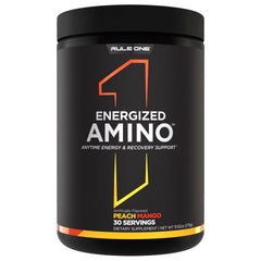 Rule 1 Energized Amino bottle—peach mango flavor for daily energy and recovery.